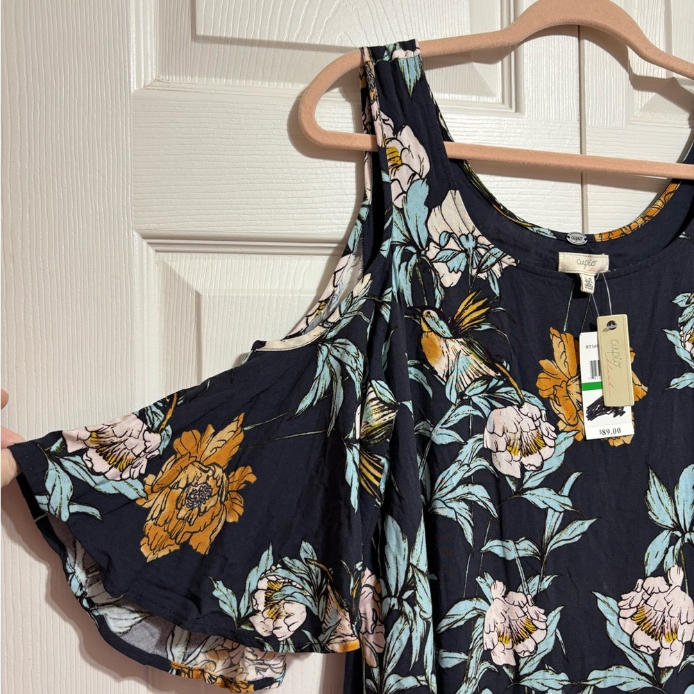 Cupio Navy Floral Scoop Neck Dress with Clod Shoulders and POCKETS! - Picture 4 of 6